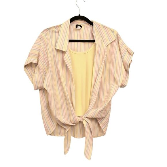 Vintage 80s Pastel Stripe Tie Front Shirt Pastel Coastal Retro Style 14 - Picture 1 of 6